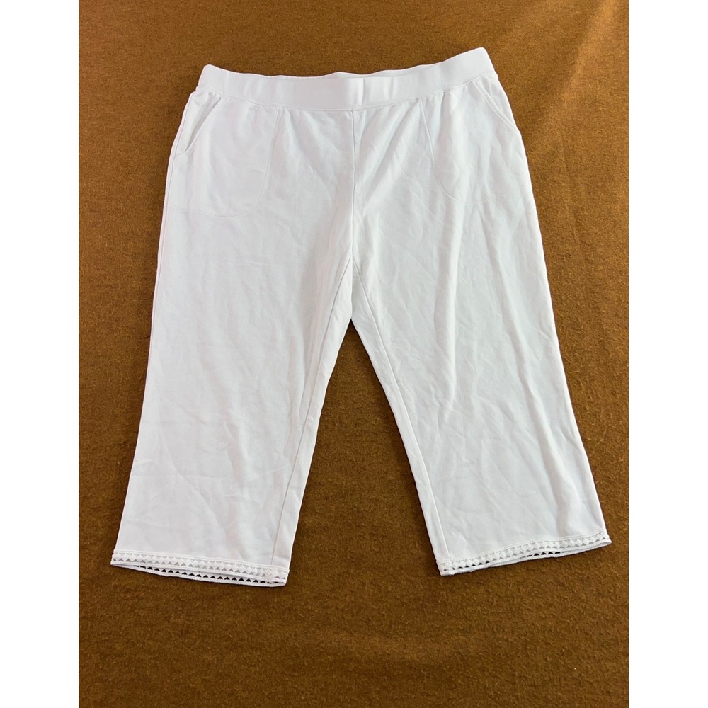 Denim & Co Beach Womens 2X White Lace Trim French Terry Crop Pants New